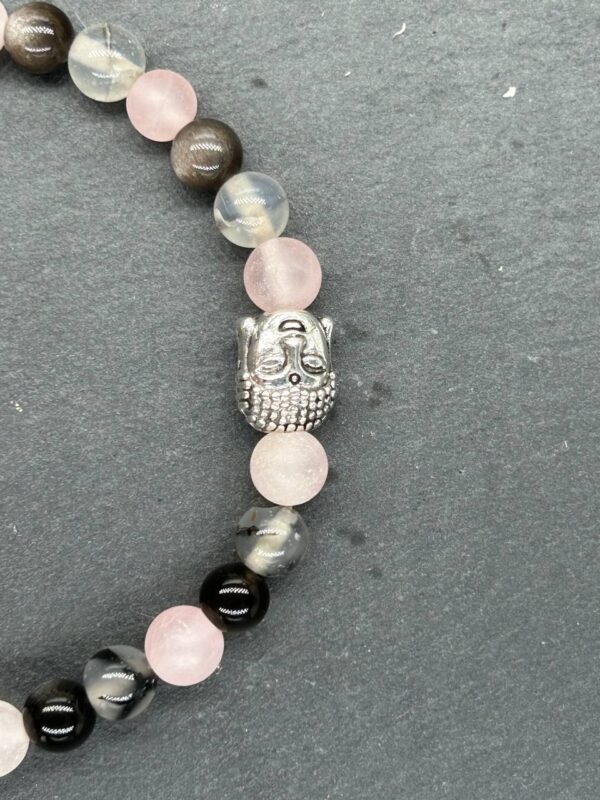Bracelet en pierres naturelles quartz rose, obsidienne argentée, jaspe dalmatien et agate veine de dragon.