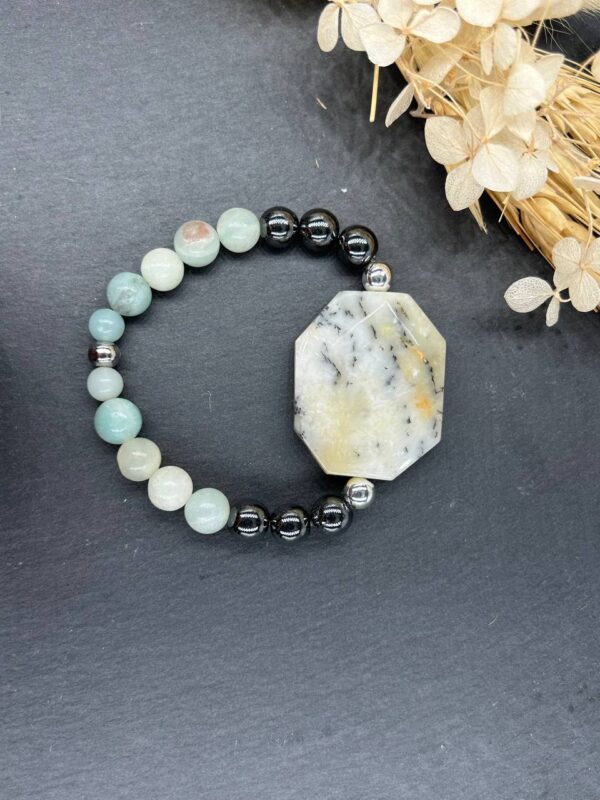Bracelet en pierres naturelles : 6 perles hématite, 8 perles amazonite et amazonite indienne avec pierre rare d'opale dentrite